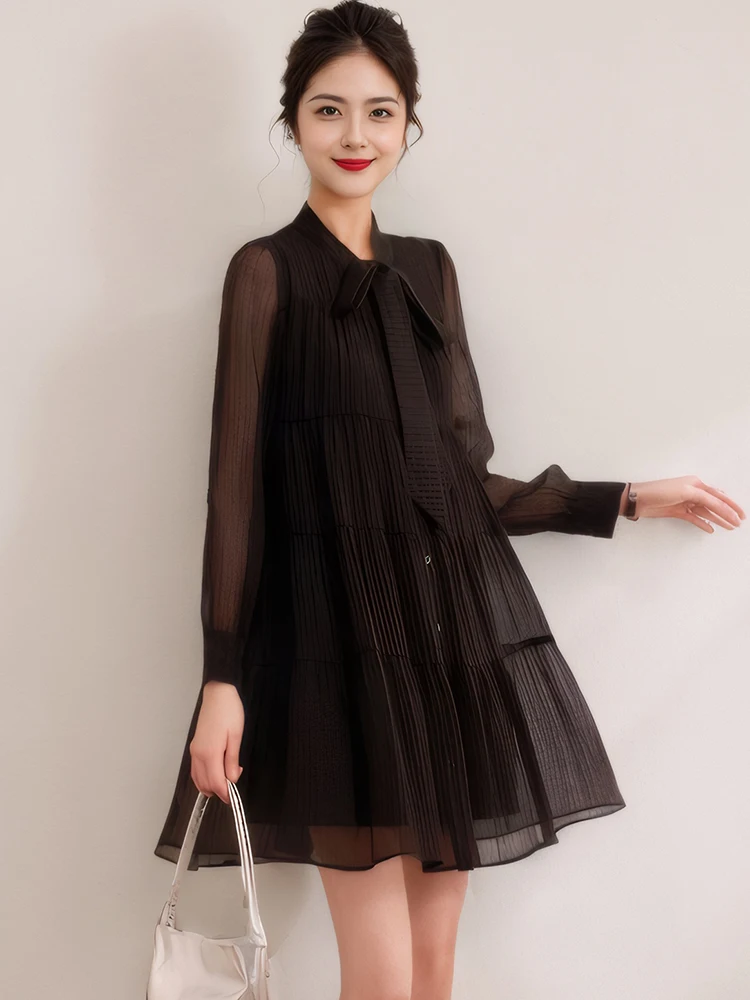 2025 New Black Chiffon Chic Bow Stand Collar Mini Dress Spring Summer Long Sleeve Bodycon Dress Women Elegant Casual Party Dress