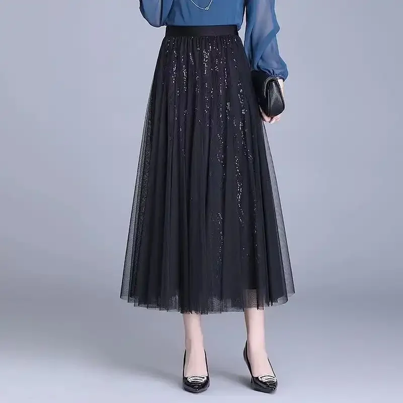 Maille paillettes Ankola rouge taille haute à la mode minceur mi-longue tempérament plissé tout Match demi-corps gaze jupe