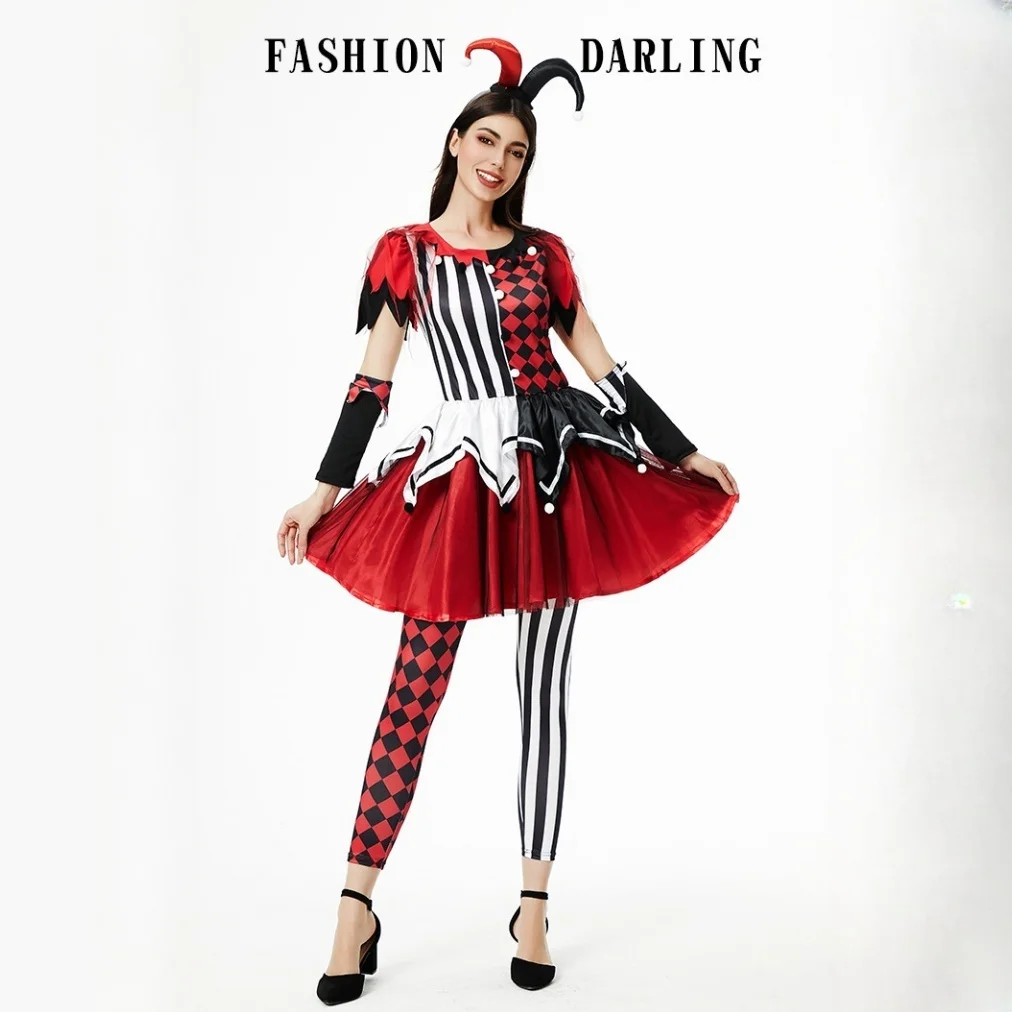 

Adult Halloween Outfit Harlequin Jester Costume Red and Black Striped Dress