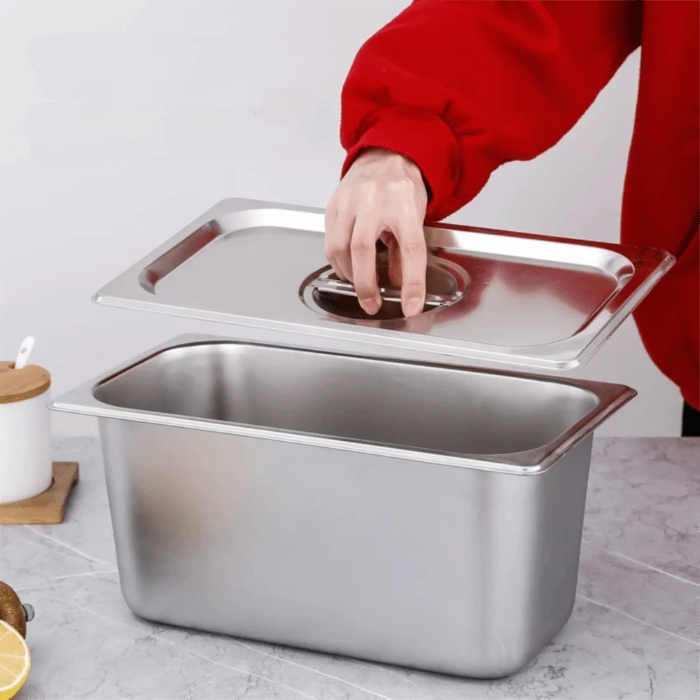 

Stainless Steel Canteen Food Basin Rust-proof Thickened Food Storage Box with Cover Rectangular Food Preparation Box Fruit