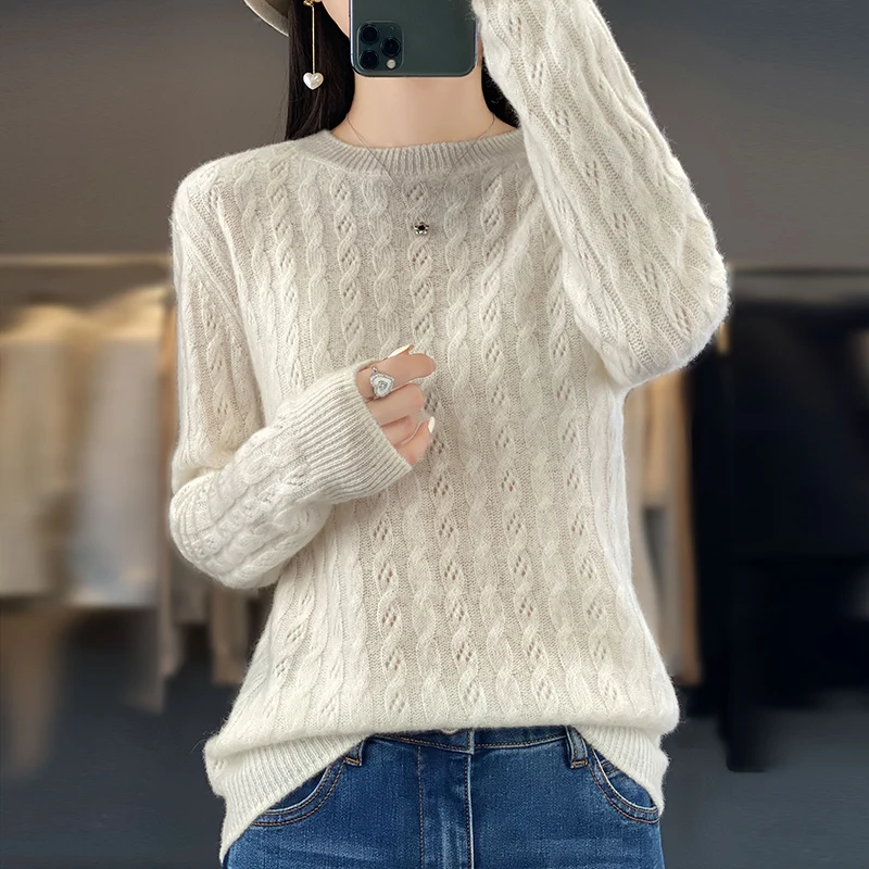 Women\'s Sweater Autumn/Winter 100% Pure Wool Hoodie Casual Knitted Blouse Round Neck Loose Tops Fashion Hollow Bottom Sweater