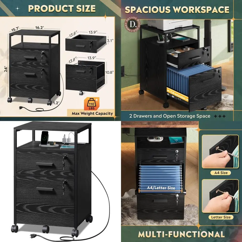 

A4/Letter Size Lockable Wood Filing Cabinet with Charging Station and Mobile Printer Stand for Home Office, Black