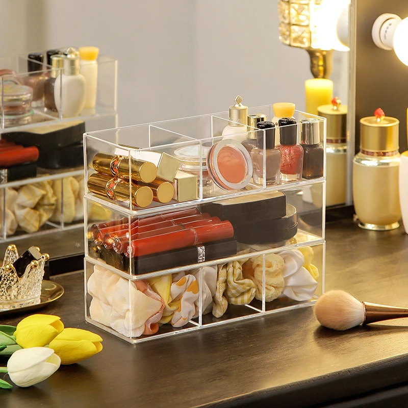 1/3 Grid Clear Acrylic Storage Box Dressing Table Cosmetics Lipstick Sorting Drawer Sundries Compartment Organizer