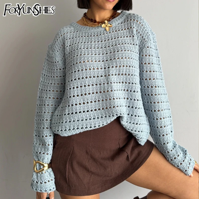 

Women's Loose Solid Color Hollow Out Casual Pullover Top Long Sleeve Knitted Sweaters 2025 New Autumn Fashion Y2K Clothes
