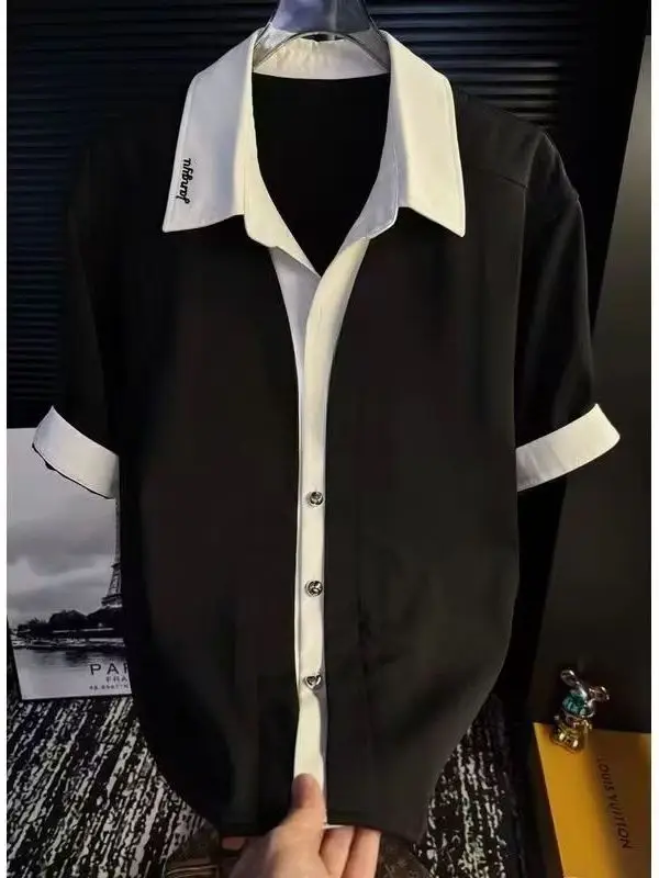 Premium Summer New Fashion Casual Lightweight Men's Shirt Short Sleeve Patchwork Design Breathable Luxury Style Five-Quarter