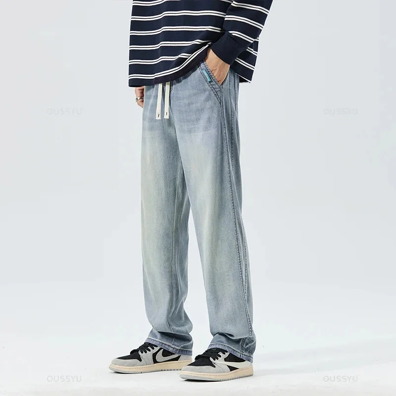 OUSSYU Brand Summer Thin Soft Lyocell Fabric Jeans Men Elastic Waist Loose Straight Thick Denim Trousers Male Plus Size M-5XL