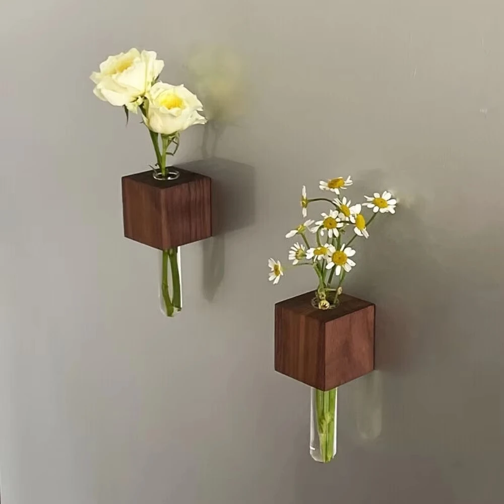 Wooden Test Tube Vase Refrigerator Magnet Hydroponic Plants Propagation Vase Planter Home Kitchen Locker Fridge Decoration