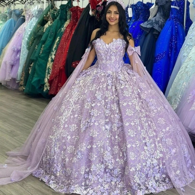 

Luxury Glittering Lavender Quinceanera Dresses With Cloak Applique Lace Flower Birthday Party Prom Vestidos De 15 Anos