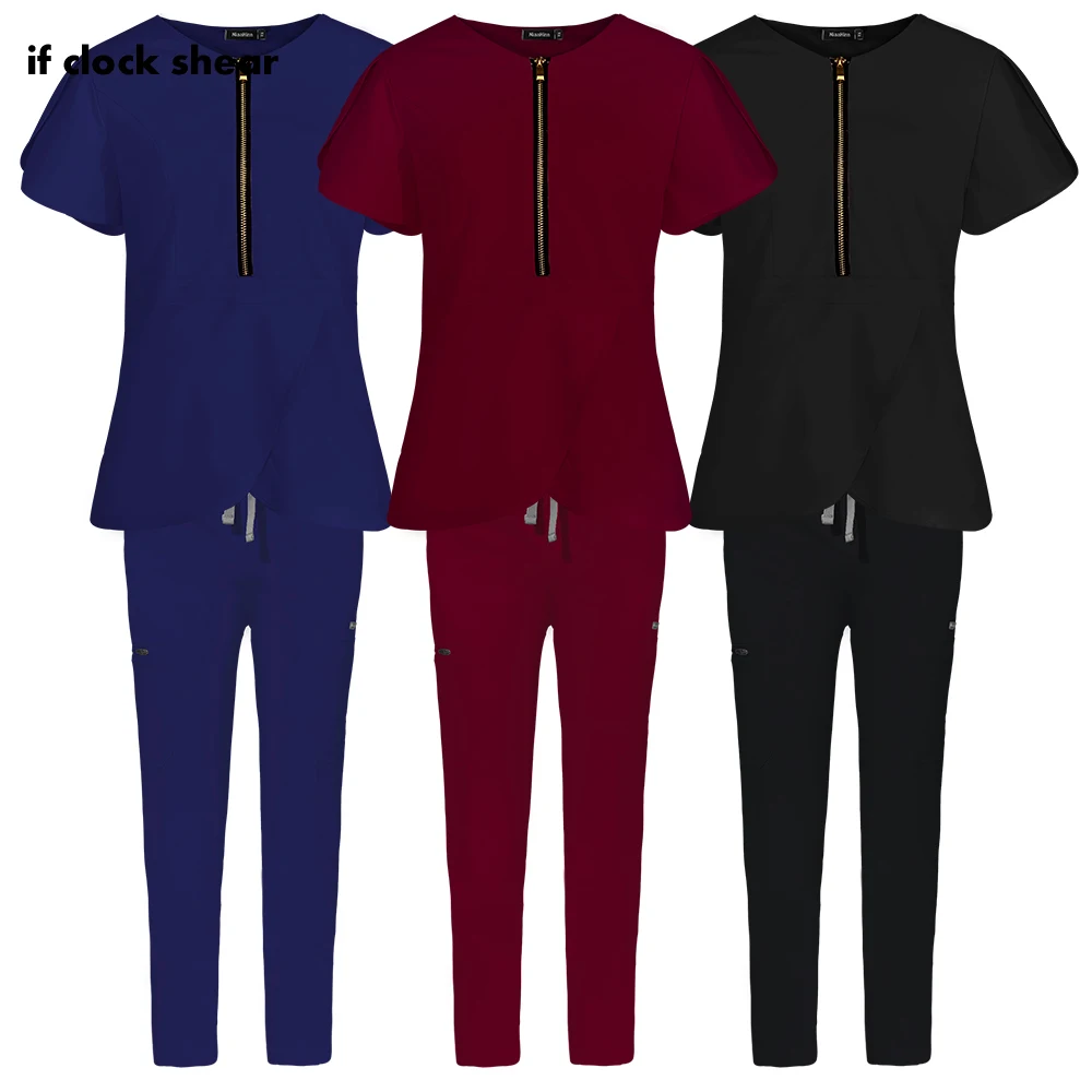 

2 Piece Zipper Neck Tops+pant Medical Uniform Scrub Sets Women Healther Nursing Scrub Uniform Beauty Salon Spa Uniform Wholesale