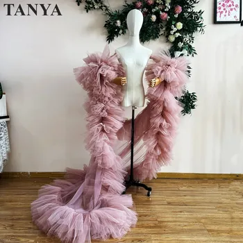 Bonenpasta Roze Mode Damesmanteljas Lang Van De Schouder Tule Damesjack Elegante Avond Cape
