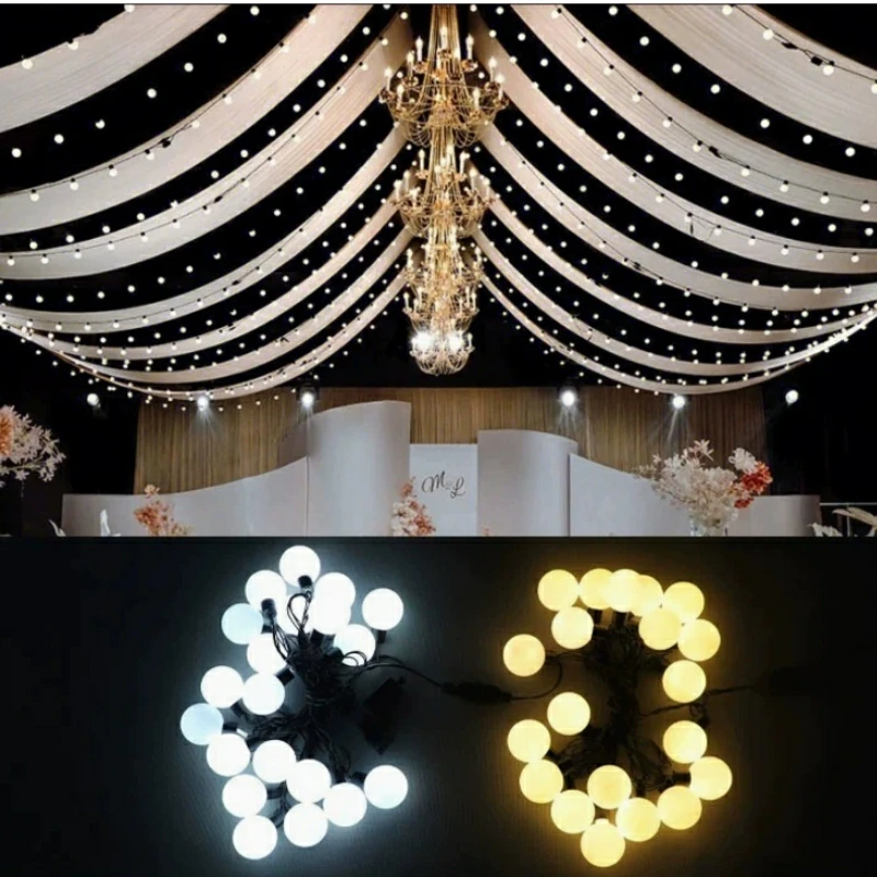 

Fabric Tulle Drapes And Ball Light Strings For Outdoor Home Wedding Ceiling Curtain Milk Silk Stage Background Decoration Props