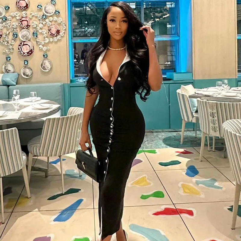 

Long Dress Women Sexy Dresses Slim Fit Vestidos Turn Down Collar Sleeveless Elegant Splice Y2k High Waist Single Breasted 2025
