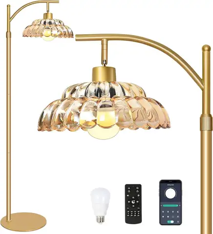Dimmable Gold Floor Lamp with Amber Glass, Remote-Controlled LED Standing Lamp for Living Room, Bedroom – Mid Century Style