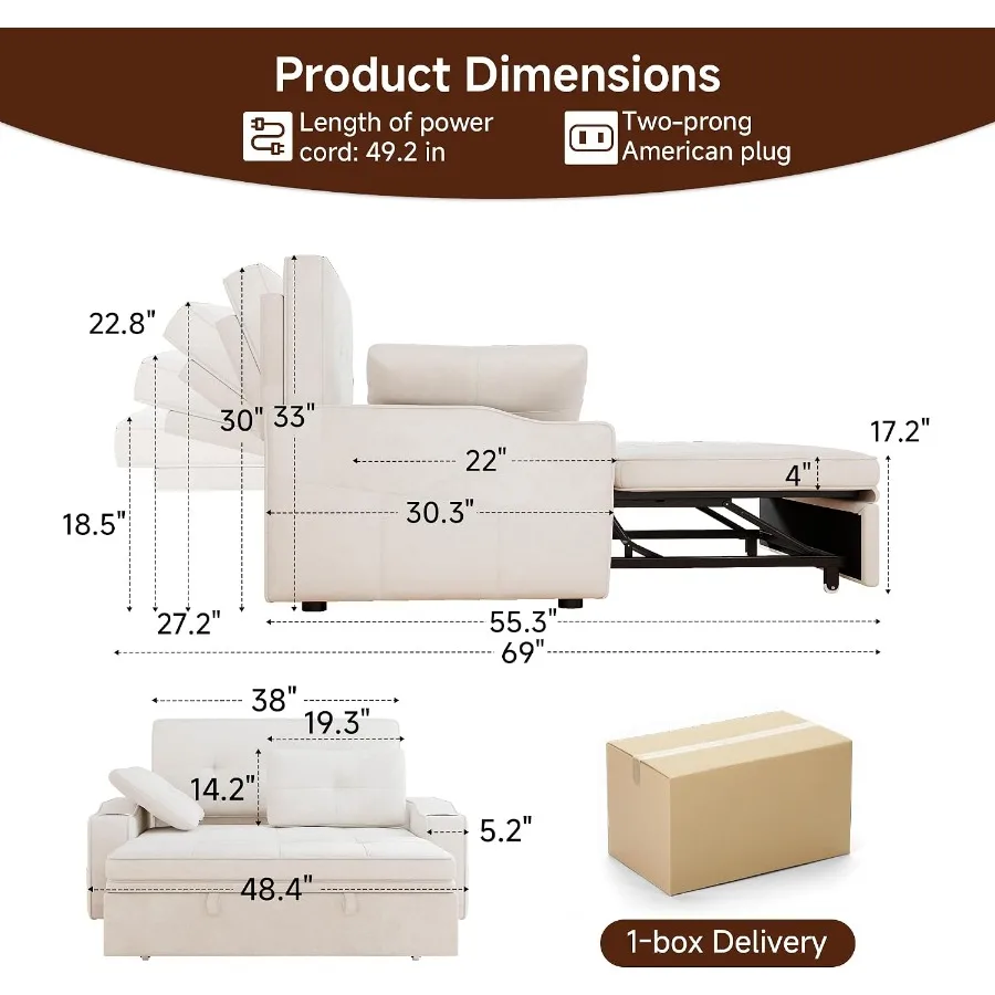 3-In-1 Loveseat Sofa Bed For Small Spaces, Chenille Fabric In Gray, Compact Convertible Design With Easy Pull-Out Mechanism