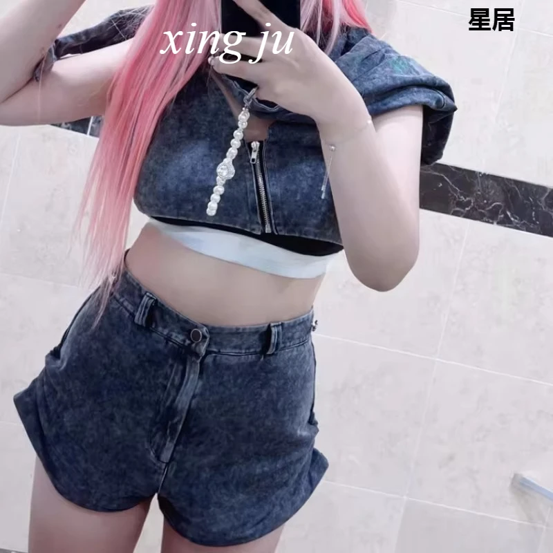 Setelan Konser Kpop Penyanyi Korea Atasan Denim Bertudung Tanpa Lengan Tari Jazz Pakaian Pertunjukan Jazz Kostum Panggung Gadis DJ Klub Malam