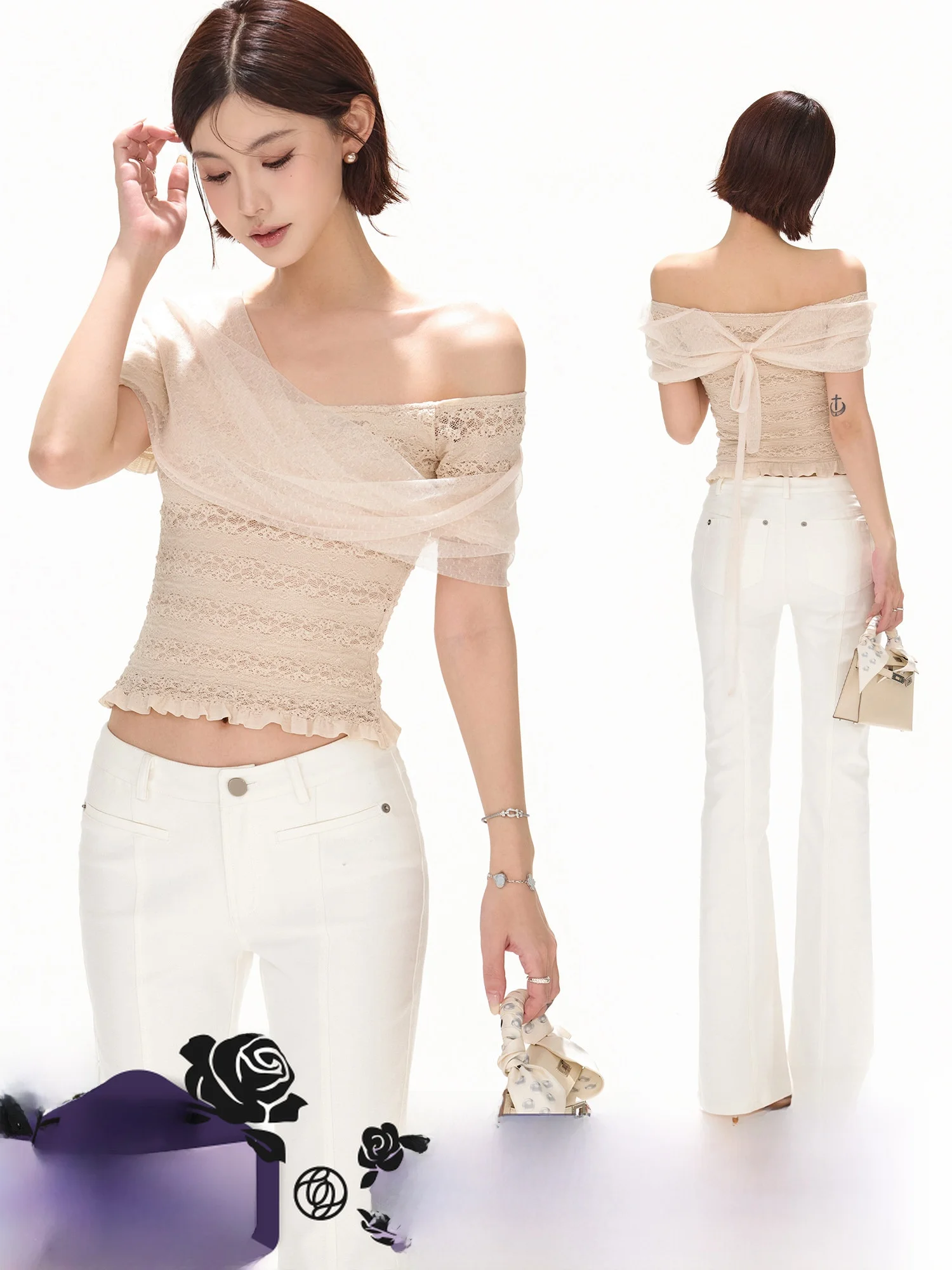 

CYNR Original Design Lace Hollow out Knitted Slimming High Elasticity One Shoulder Top Women's Fashion Short Sleeve T-Shirt