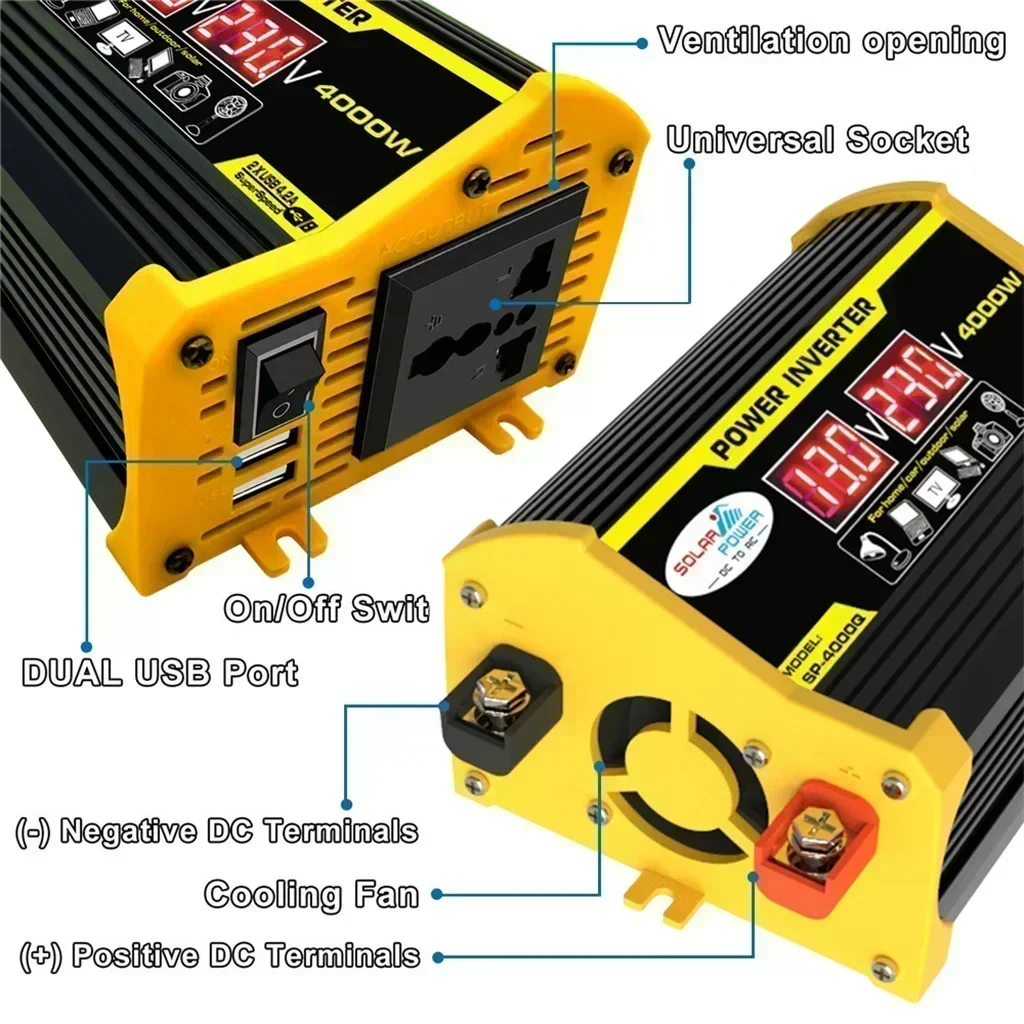 

High Quality Voltage Display 4000W Peak Car Power Inverter Converter DC 12V To AC 110/220V Transformer Dual USB Converter