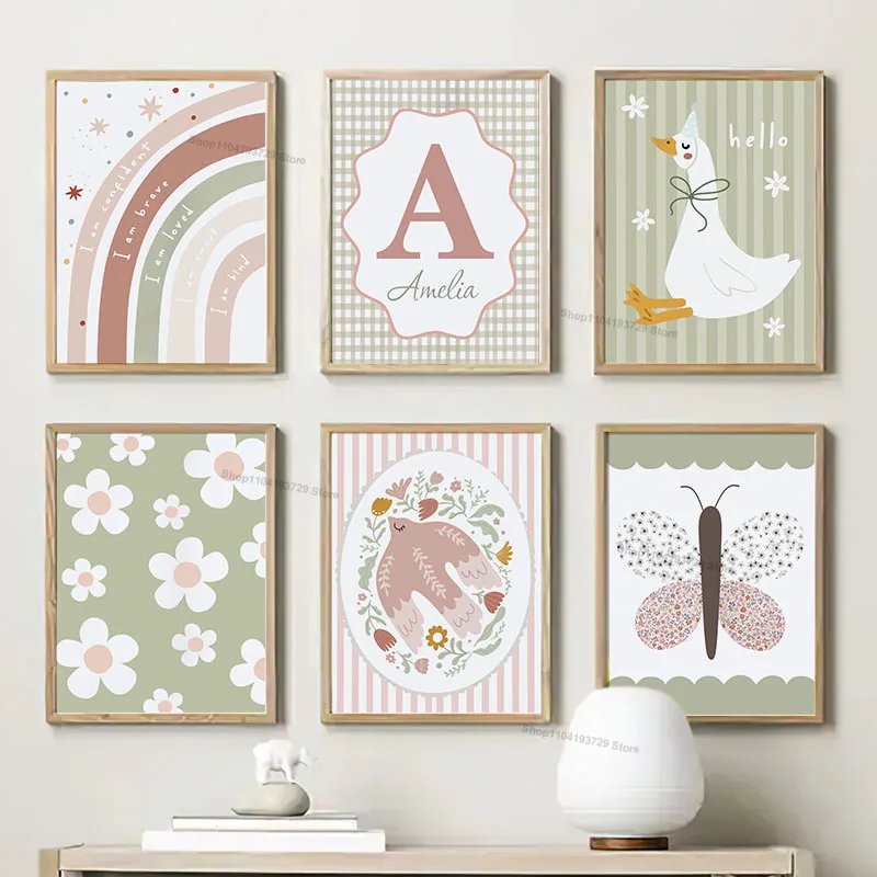 Duck Butterfly Pigeon Flower Custom Name Nursery Wall Art Canvas Prints Cartoon Posters Pictures Baby Kids Room Home Decoration