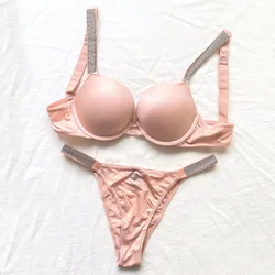 Sexy French Women's Underwear Set Pink 2 Piece Push Up Thickened Bra and Panties Summer Lace Rhinestone Letter Design Thong