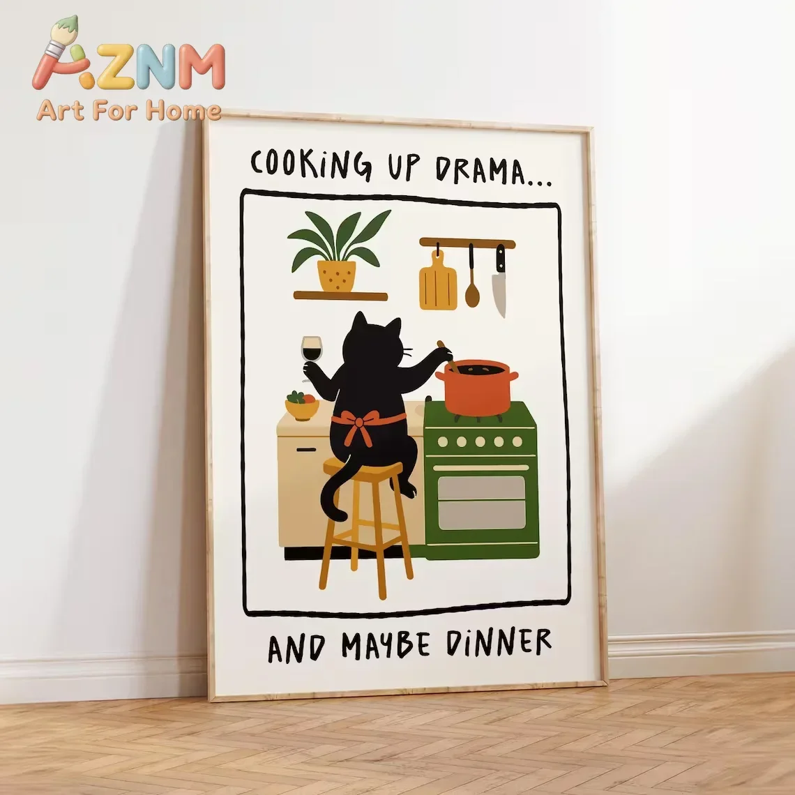 AZNM Frameless Canvas Wall Art Funny Black Cat Cooking Print Cooking Up Drama And Maybe Dinner Quote Poster Kitchen Wall Decor