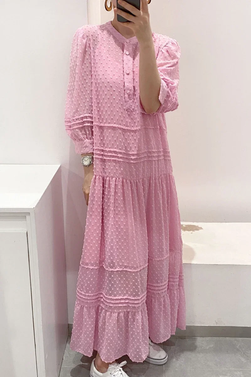 Coreano chique temperamento suave bolinhas em torno do pescoço único breasted puff manga longa vestido solto para mulher vestido de férias