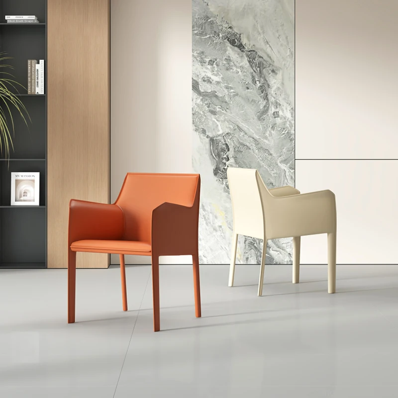 

Italian Minimalist Saddle Leather Dining Chair Modern Tea Accent with Armrests Premium Seating for Hotel Restaurant Furniture