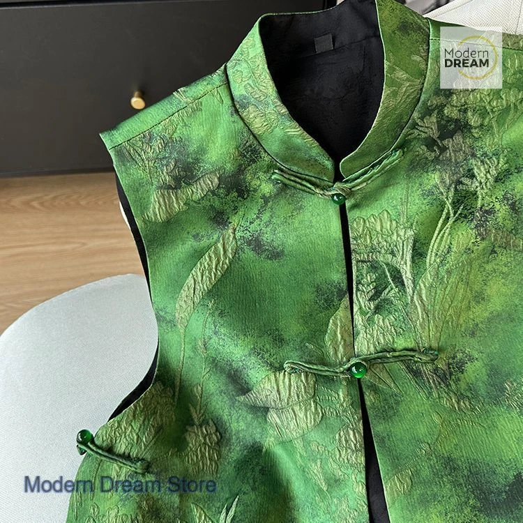 Nuovo gilet verde in acido acetico jacquard cinese da donna primavera e autunno nuovo gilet da abito Tang con fibbia ricamata per l'industria pesante
