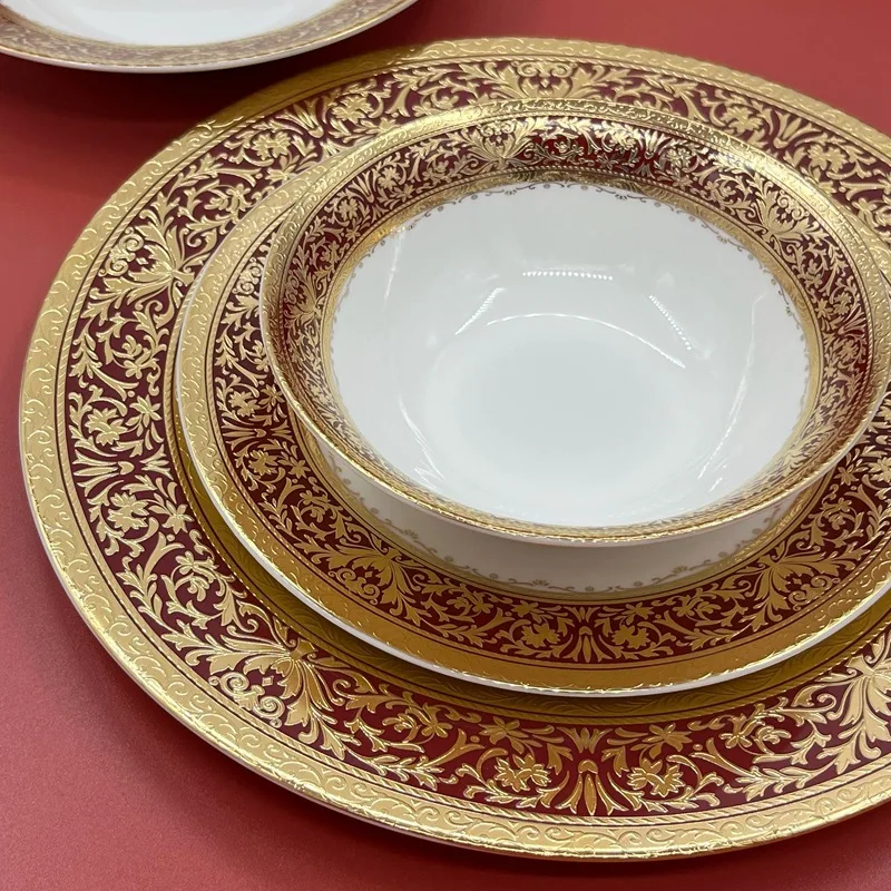 

Flat relief gold edged circular bone china red English deep plate steak plate