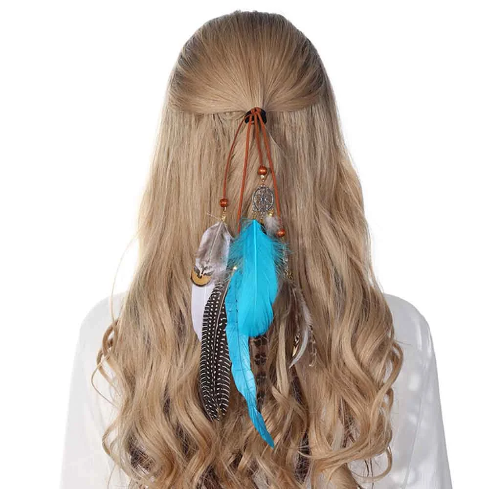 Fashion Boho Feather Headband Hair Ropes Gum Women Handmade Headbands Beads Feather Hair Band Hair Accessories