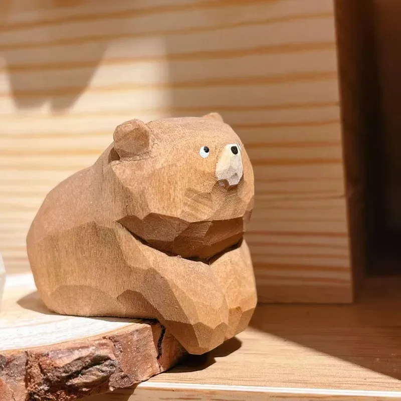 Wood Carving Cuddly Bear Figurine, Adorable Lying Bear Desk Companion Ornament for Office Bedroom Home Decor, Gift