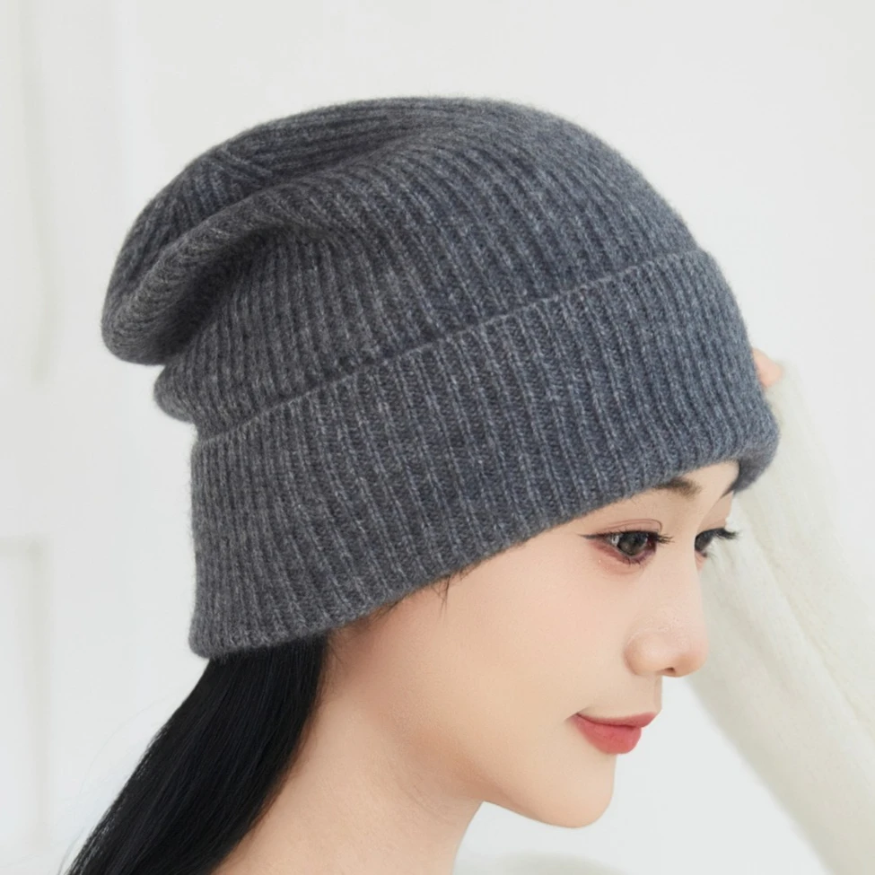 Unisex 100% Pure Cashmere Ribbed Knit Cuffed Slouchy Beanie Fall Winter Warm Breathable Outdoor Mountaineering Knitted Cold Hat
