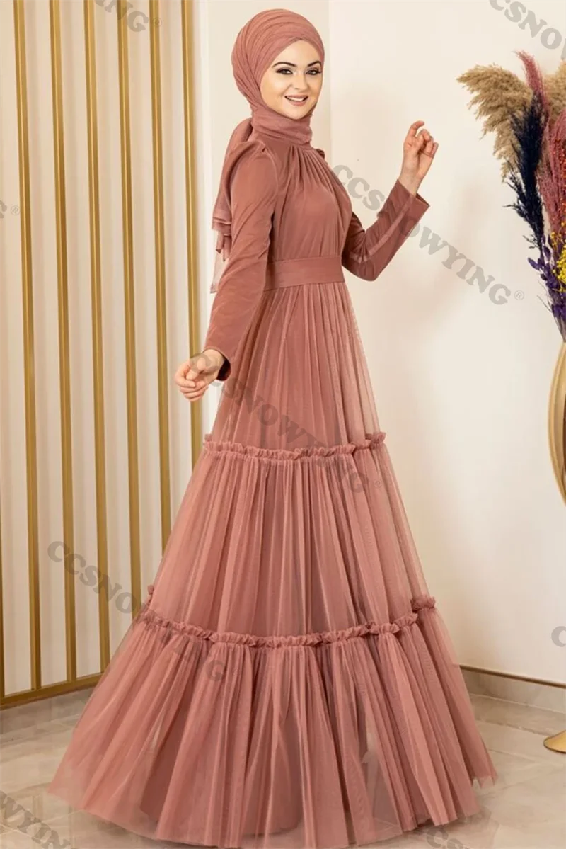 

Simple Tulle Muslim Evening Dresses Islamic Long Sleeve Hijab Women Formal Party Gowns Arabic Dubai Robes De Soirée