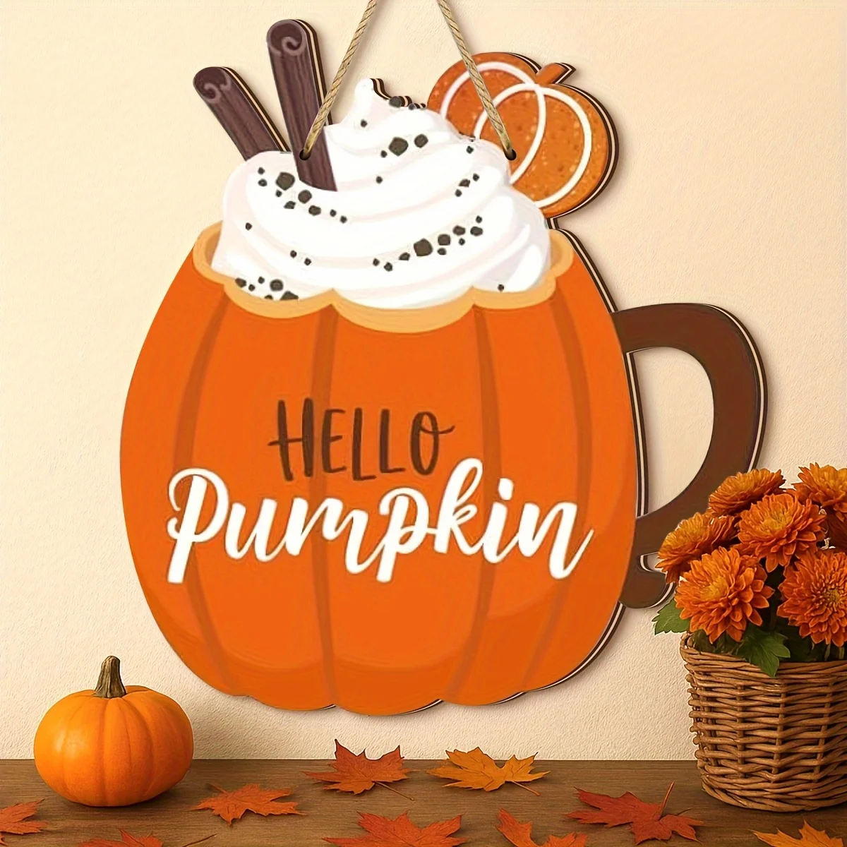 2D Vintage Wooden Welcome Sign Hello Pumpkin Snow Top Cup Design Autumn Leaves Pumpkins Rustic Farmhouse Wall Hanging Decor Gift