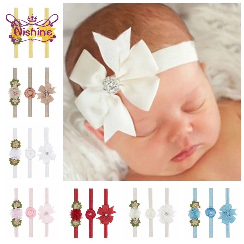 Nishine 3pcs/lot Ribbon Bows Knot Baby Girls Headband Elastic Chiffon Flowers with Rhinestone Pearl Hairbands Newborn Headwear