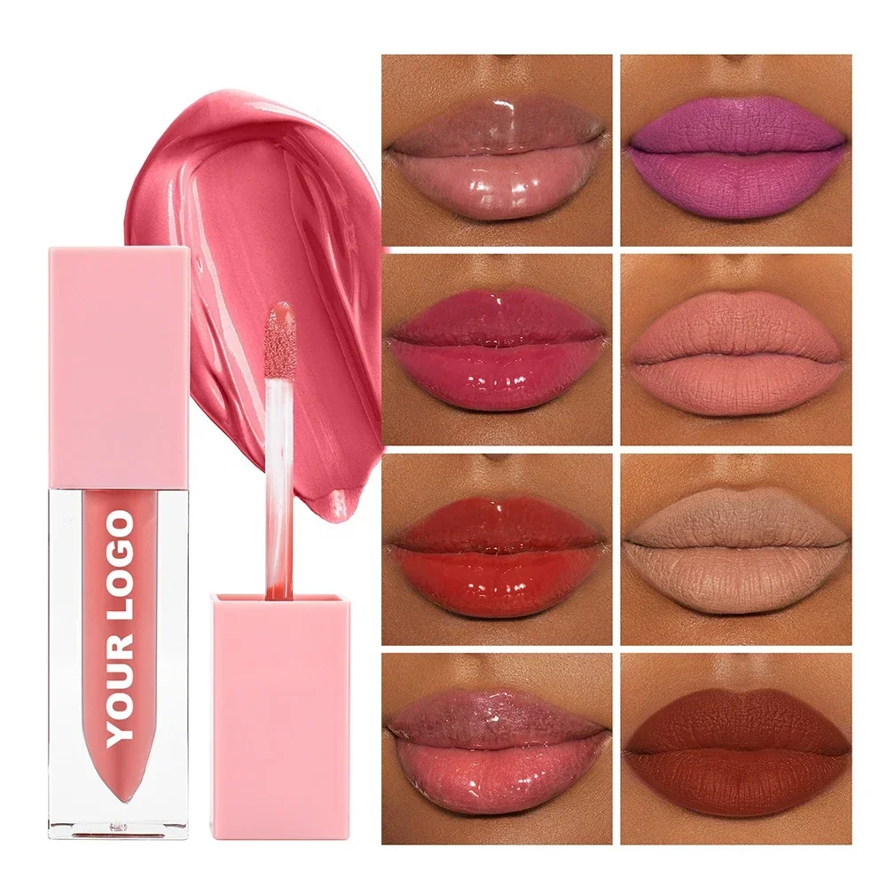 

Custom Logo Liquid Lip Gloss Private Label Pigment Long Lasting Waterproof Moisture Matte Non-stick Non-fading Makeup Pink Tube
