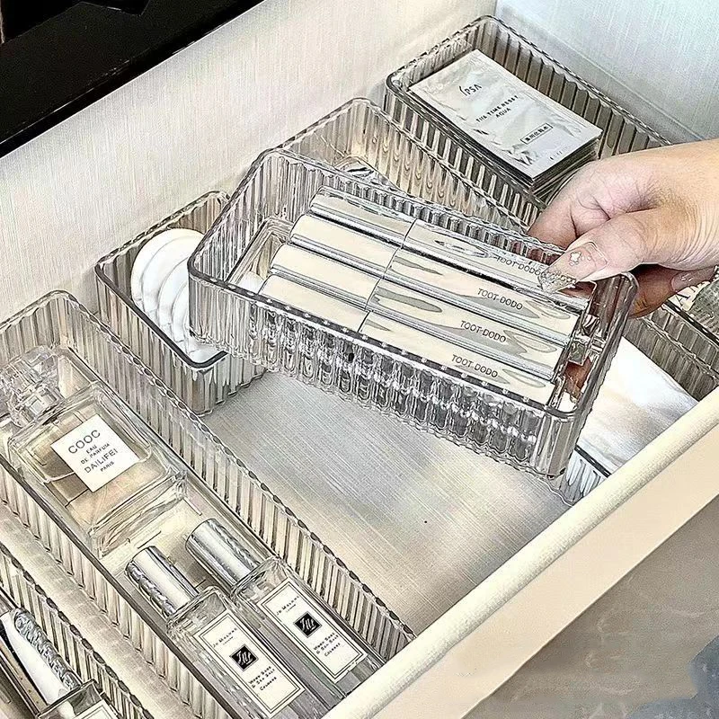 Ensemble d'organisateurs de tiroirs en plastique transparent, polyvalent, pour salle de bain et vanité, plateaux, bacs de rangement pour maquillage, Gadgets de cuisine