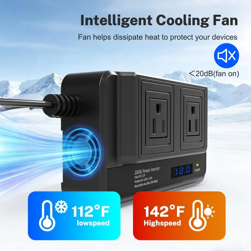200W Car Inverter Car Socket Adapter Power Converter with 2 USB Ports + Type-C PD 20W Fast-charging Ports for Outdoor Camping