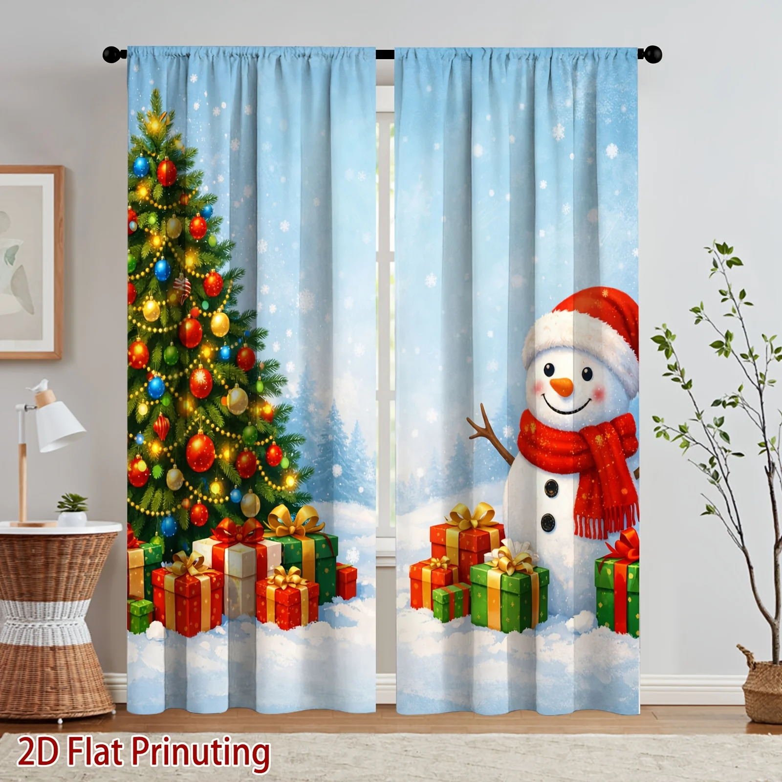 Light Blue Snowy Christmas Tree Snowman Curtains 2 Panels, Xmas Gift Box Pine Forest Snowflake Cute Winter Kids Bedroom Curtain