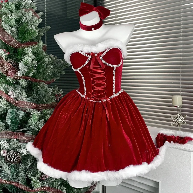 Red Green Autumn Winter Sexy Christmas Velvet Dress Women Sweet Plush Patchwork Drawstring Party Mini Dress Elegant Vestidos