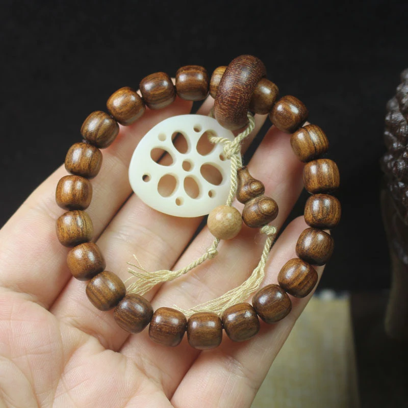

Black rosewood vintage-style bead bracelet with lotus pendant, women's Buddhist prayer beads, hand accessory, gift