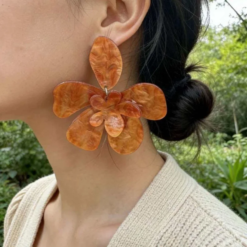 Exaggerated oversized orange five-petal flower earrings temperament floral earrings fashionable acrylic double-layer large flowe