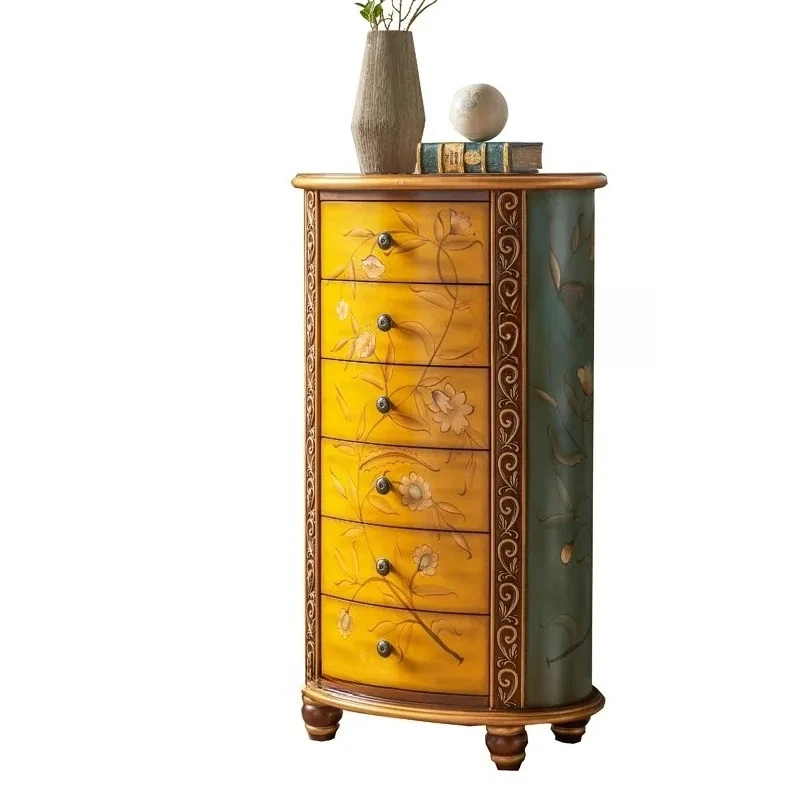 

American solid wood chest, retro and old five or six bucket chest of drawers, sofa side cabinet cylindrical decorative small