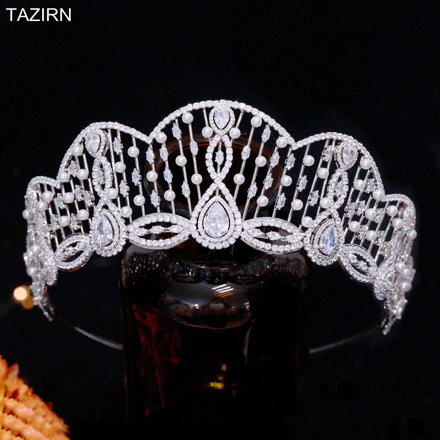 New 5A Zirconia Pearls Tall Wedding Bridal Crowns and Tiaras Handmade CZ Princess Big Headwear for Women Hair Accessories Gifts