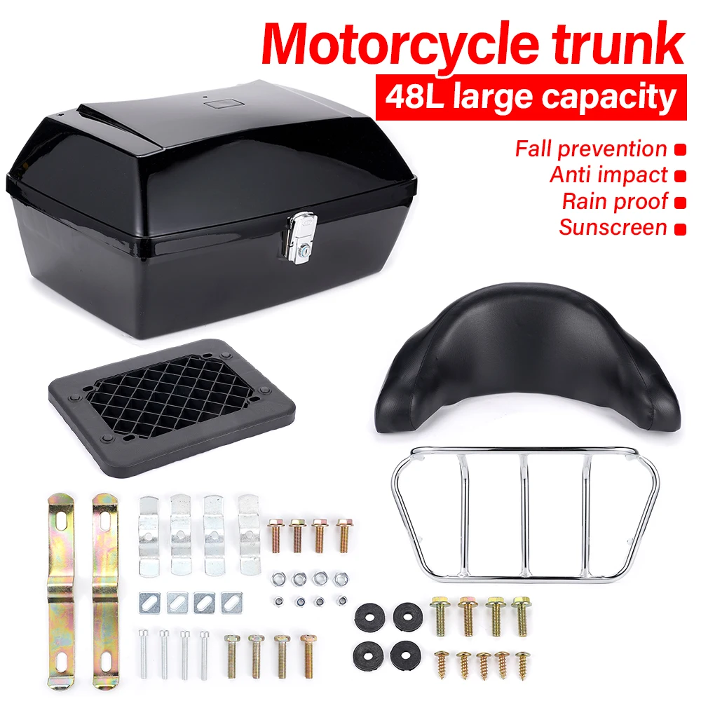 48L Motorcycle Trunk Rear Storage Box Tail Luggage Trunk Case Toolbox With Backrest Pad Universal For Scooter Motorbike