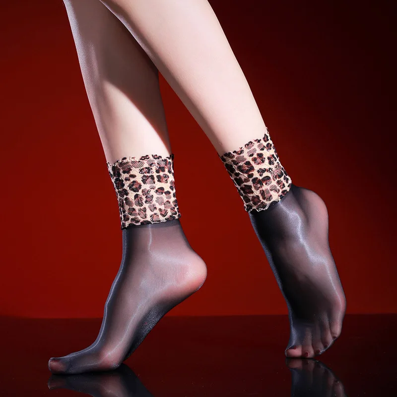 Leopard print lace-trimmed aurora short socks, 3D ultra-thin glossy silky transparent toe, breathable ice silk cool crystal stoc