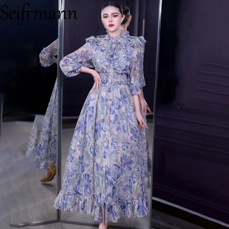 

Seifrmann 2026 Spring Women's New Fashion Round Neck Long Sleeve Single breasted Printed Waist cinching Long Dress