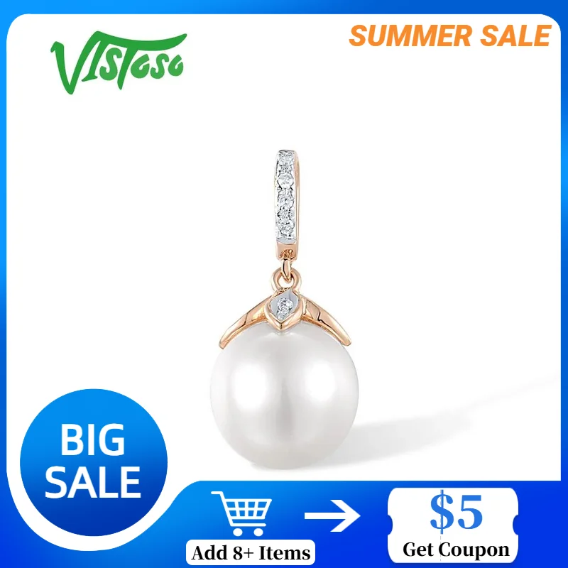 

VISTOSO Authentic14K 585 Rose Gold Pendant For Women Sparkling Diamond Fresh Water White Pearl Delicate Simple Fine Jewelry