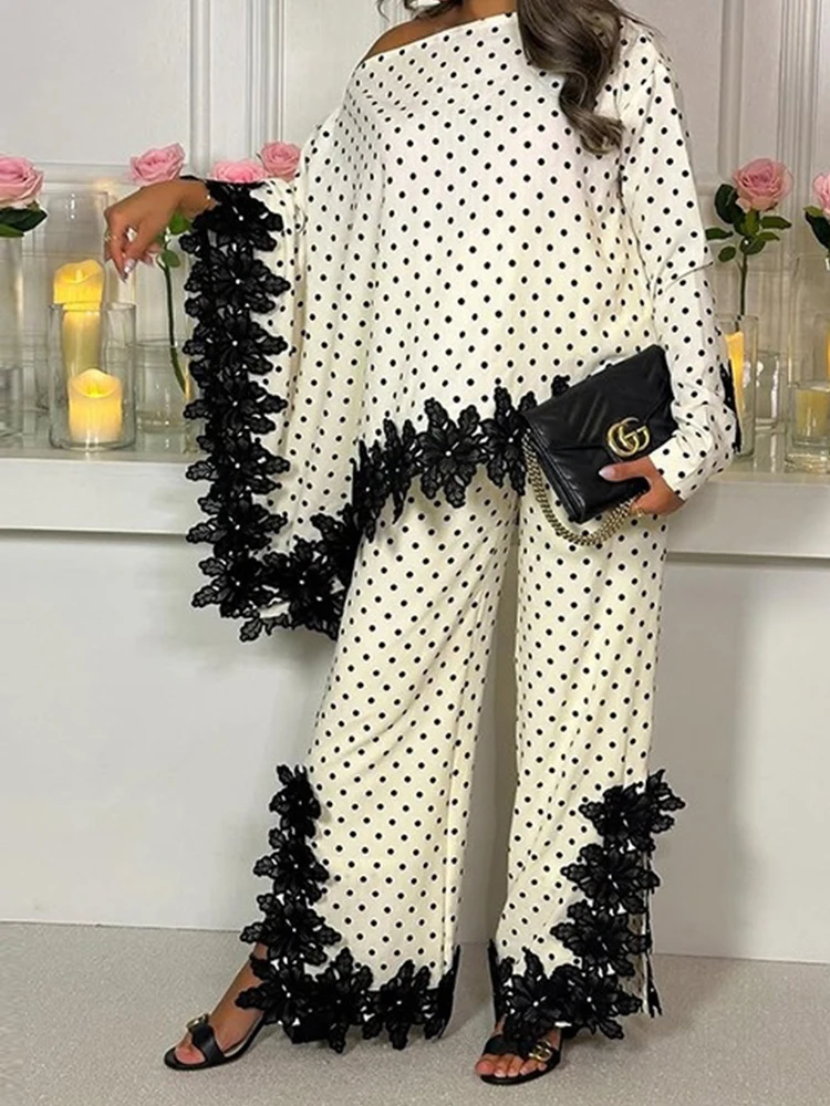 Black Lace Set of Two Pieces Woman Round Neck Flared Sleeve Loose Fit Top with Casual Wide Leg Pants Elegant White Outfit - view 4