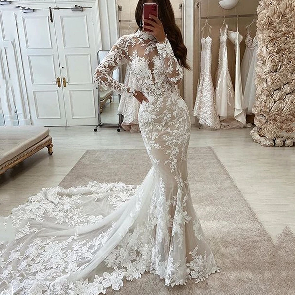 Vestido De Novia De encaje bohemio, manga larga, Vestidos De Novia De sirena, cuello alto, lujo, 2024