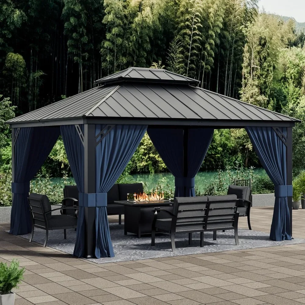 

12x14ft Double Roof Hardtop Gazebo, Outdoor Pavilion with 2-Layer Hard top Galvanized Iron Frame Garden Tent, Suitable for Decks